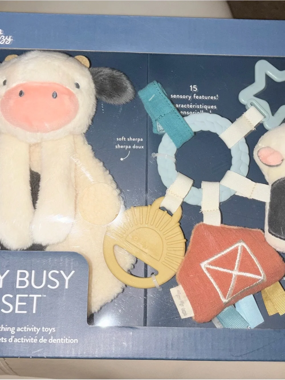 Plush Cow Sensory Activity Toy Set - Cream, Pink, Blue
